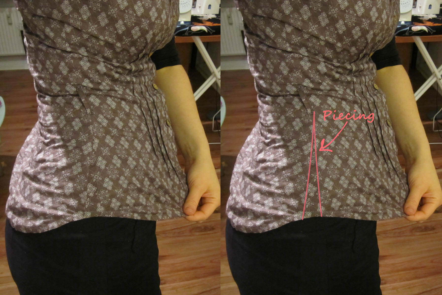 Making a blouse larger in the waist, matching prints